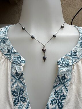 Vintage Delicate Rare Dark Pearl Y Sterling Silver Necklace